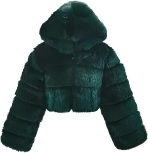 loveimgs Women Winter Fuzzy Hooded Cropped Faux Fur Jacket Puffer Coat Fluffy Parka Leather Warm Zip Up Teddy Coat