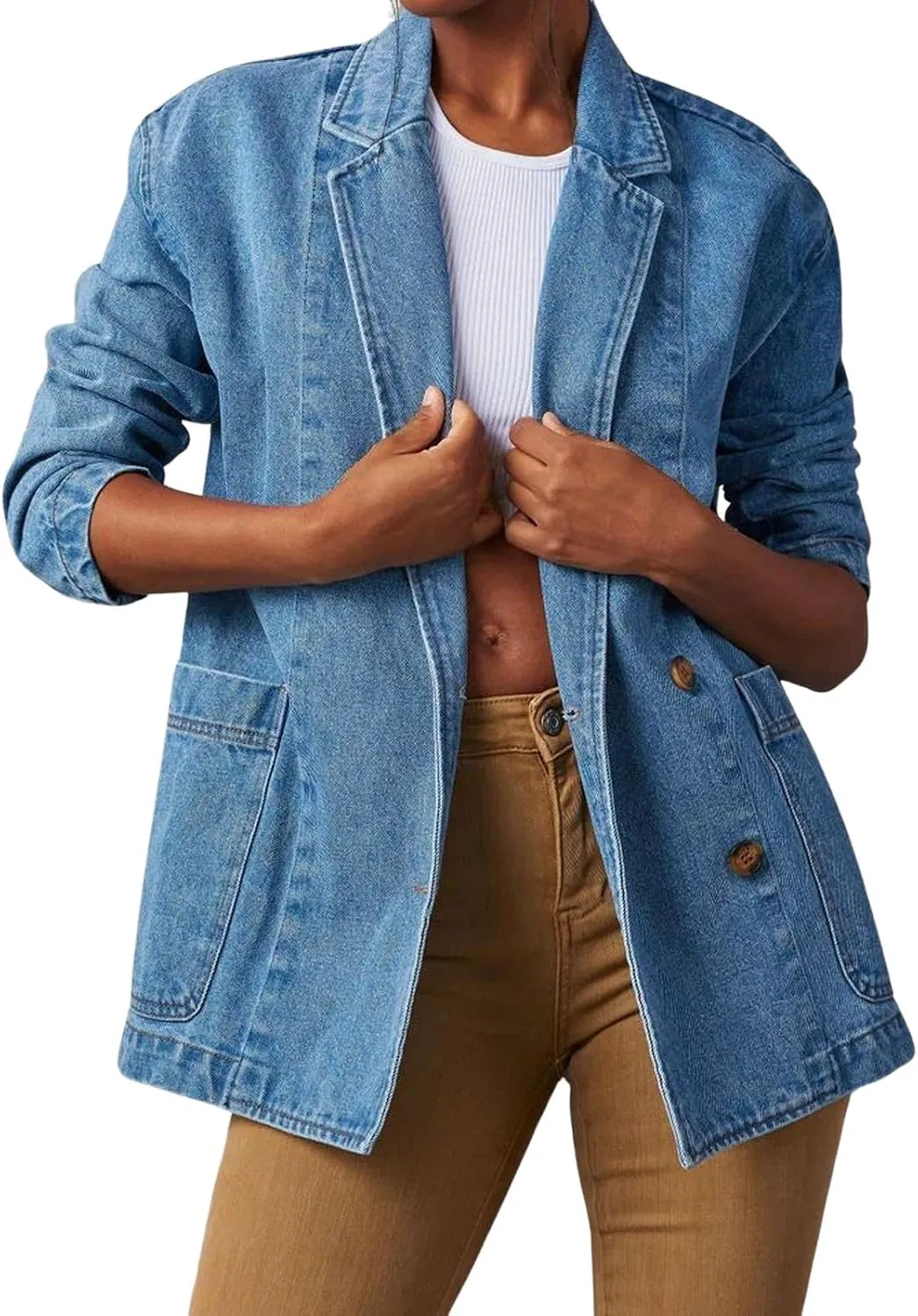 Loveimgs Women's Casual Long Sleeve Denim Jean Blazer Jacket - Fall Button Down Suit Jacket - Cowgirl Coat