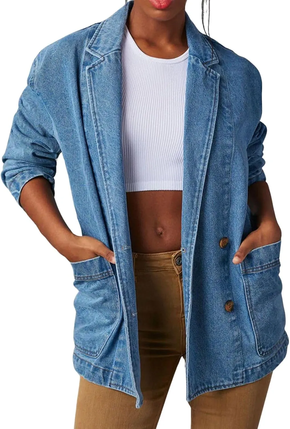 Loveimgs Women's Casual Long Sleeve Denim Jean Blazer Jacket - Fall Button Down Suit Jacket - Cowgirl Coat