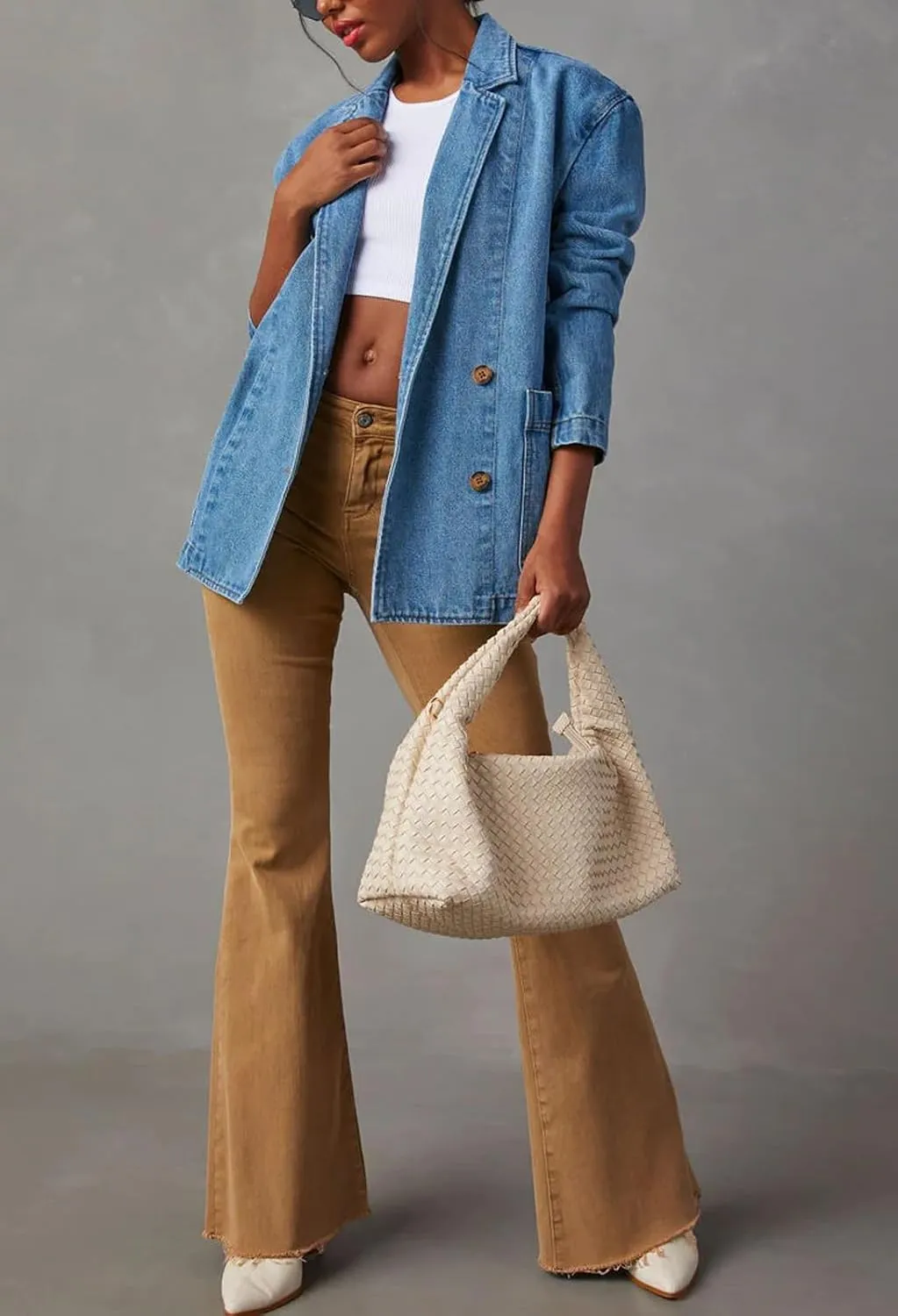 Loveimgs Women's Casual Long Sleeve Denim Jean Blazer Jacket - Fall Button Down Suit Jacket - Cowgirl Coat