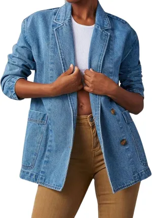 Loveimgs Women's Casual Long Sleeve Denim Jean Blazer Jacket - Fall Button Down Suit Jacket - Cowgirl Coat