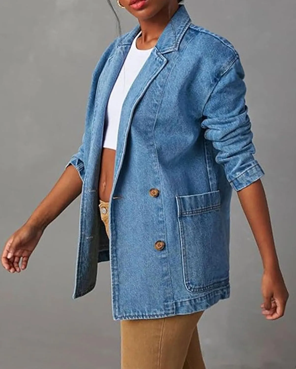 Loveimgs Women's Casual Long Sleeve Denim Jean Blazer Jacket - Fall Button Down Suit Jacket - Cowgirl Coat