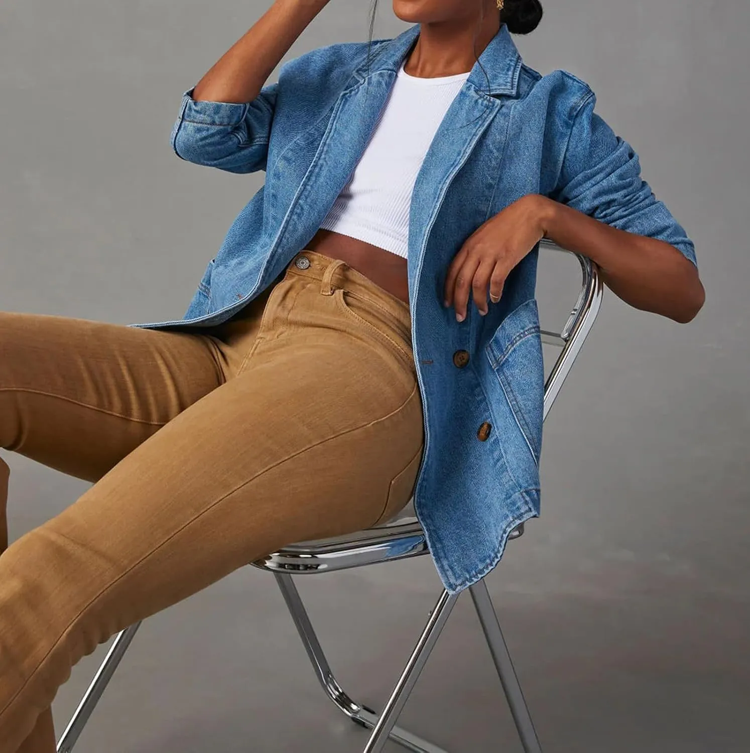 Loveimgs Women's Casual Long Sleeve Denim Jean Blazer Jacket - Fall Button Down Suit Jacket - Cowgirl Coat