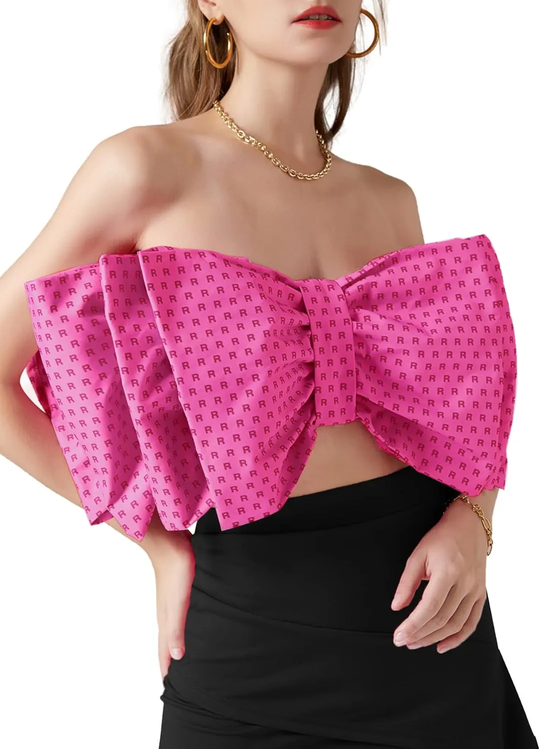 LYANER Women's Sexy Layer Bow Tie Tube Crop Top Sleeveless Strapless Print Party Fluffy Tank Top