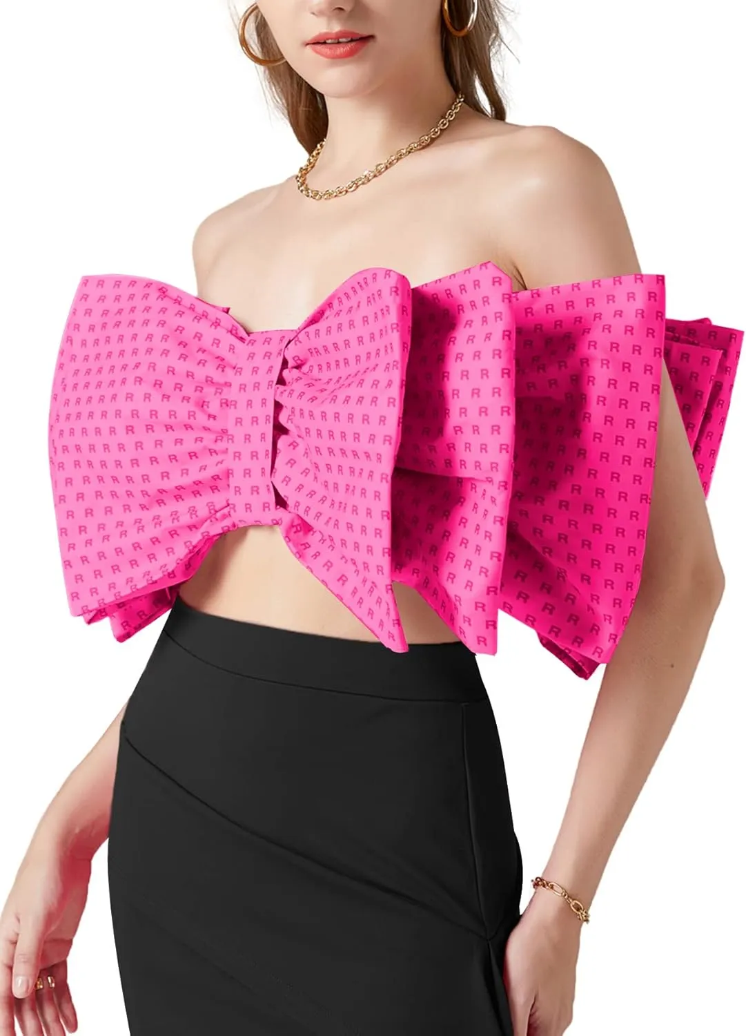 LYANER Women's Sexy Layer Bow Tie Tube Crop Top Sleeveless Strapless Print Party Fluffy Tank Top