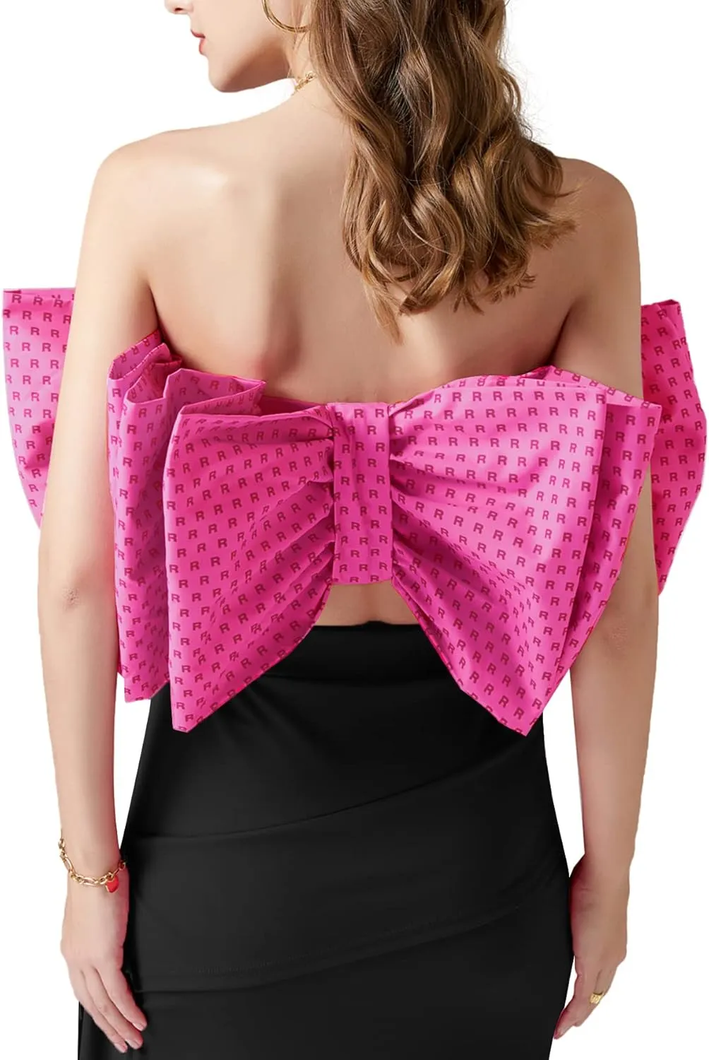 LYANER Women's Sexy Layer Bow Tie Tube Crop Top Sleeveless Strapless Print Party Fluffy Tank Top