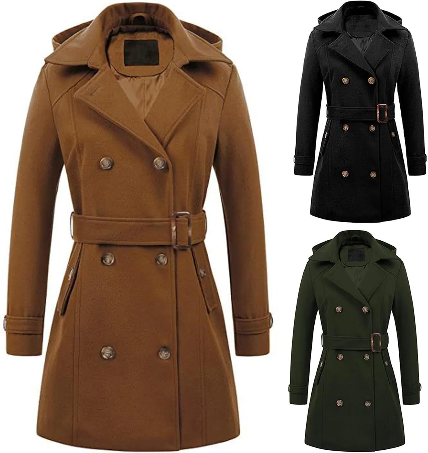 maisdgop Trench Coat for Women Winter Double Breasted Waterproof Lapel Pea Coat Classic Long Sleeve Open Front Windbreaker