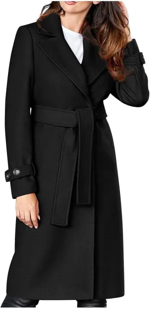 maisdgop Trench Coat for Women Winter Lapel Woolen Cloth Peacoats Open Front Windbreaker Long Sleeve Overcoat with Pockets