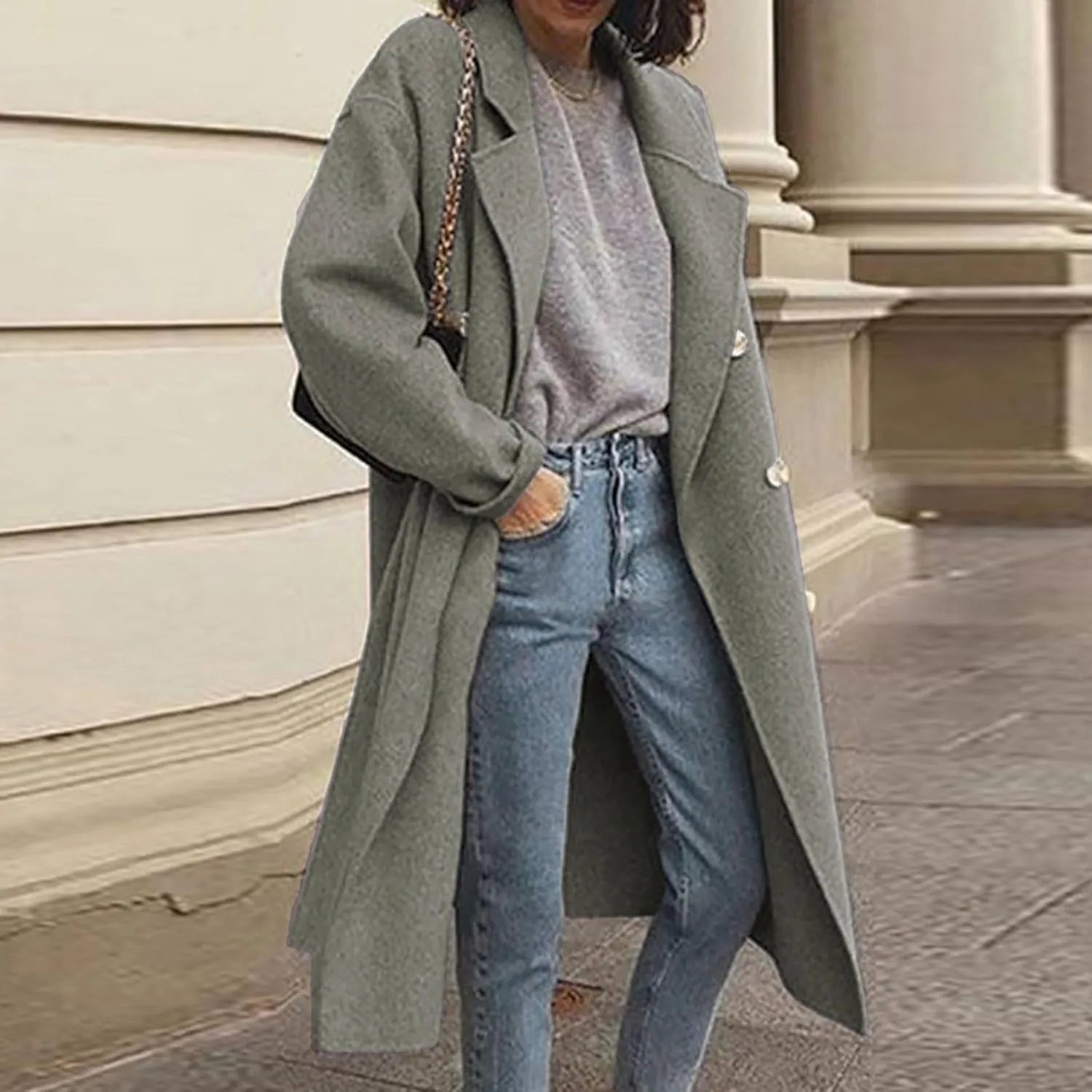 maisdgop Trench Coats for Women Classic Double Breasted Peacoat Long Sleeve Lapel Windbreaker Winter Woolen Cloth Jackets