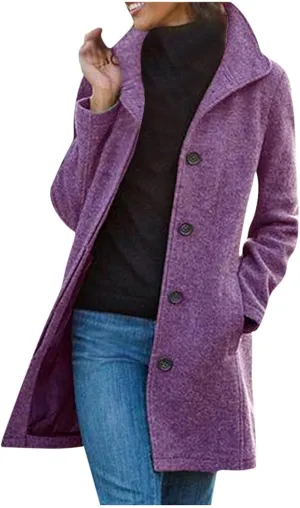 maisdgop Winter Trench Coat for Women Long Sleeve Woolen Cloth Windbreaker Solid Button down Jacket Fashion Lapel Pea Coats