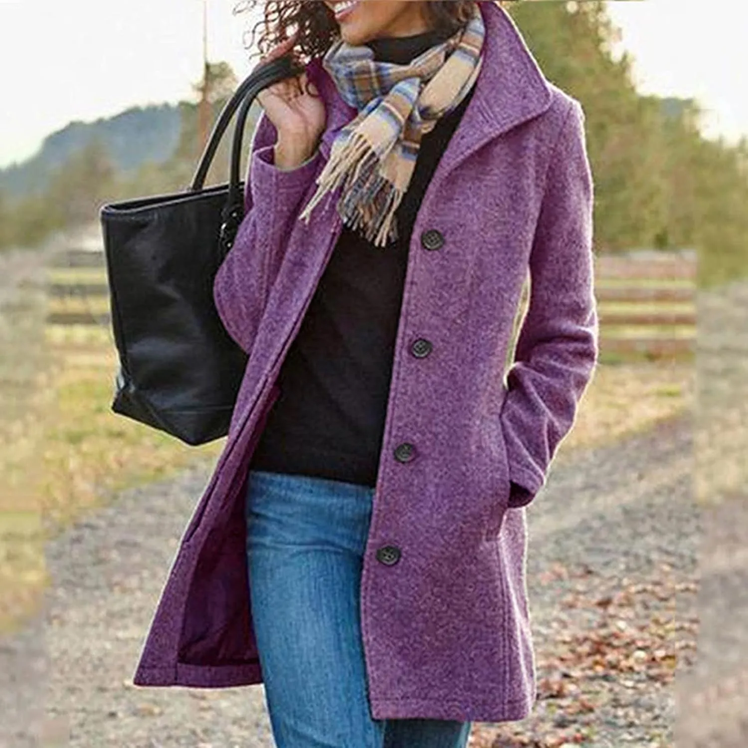 maisdgop Winter Trench Coat for Women Long Sleeve Woolen Cloth Windbreaker Solid Button down Jacket Fashion Lapel Pea Coats