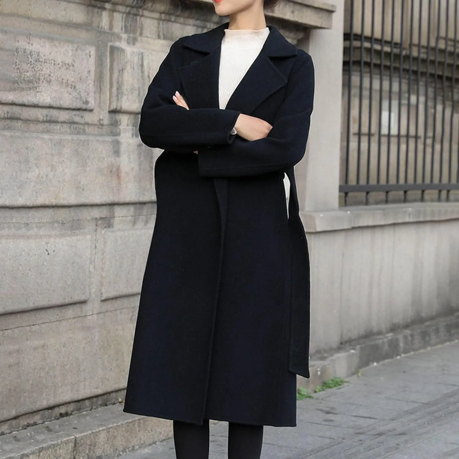maisdgop Wool Trench Coat Women Long Sleeve Mid Length Windbreaker Winter Woolen Cloth Peacoats Fashion Solid Lapel Jacket