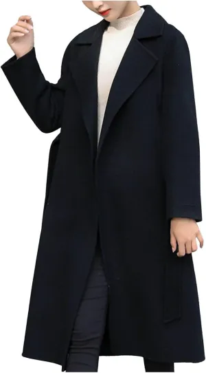 maisdgop Wool Trench Coat Women Long Sleeve Mid Length Windbreaker Winter Woolen Cloth Peacoats Fashion Solid Lapel Jacket