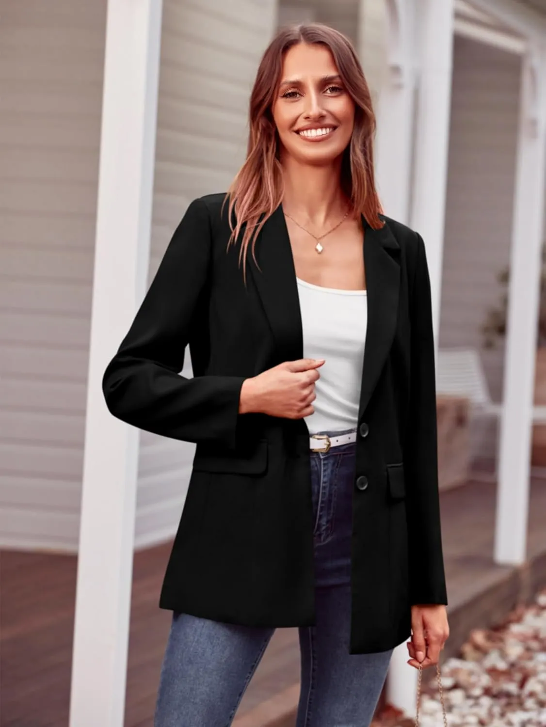 MASCOMODA Casual Blazer Jackets for Women 2024 Fall Long Sleeve Open Front Button Work Office Suit Jacket with Pockets