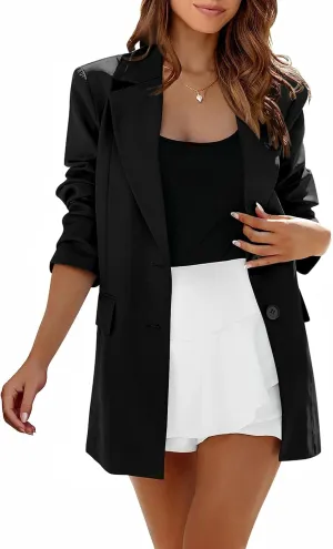 MASCOMODA Casual Blazer Jackets for Women 2024 Fall Long Sleeve Open Front Button Work Office Suit Jacket with Pockets