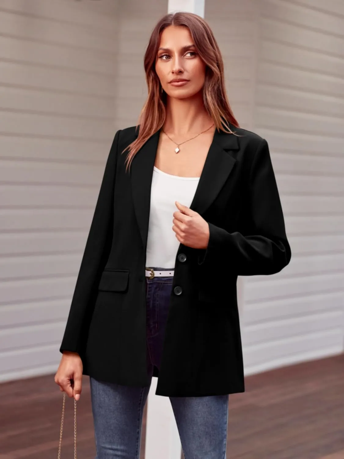 MASCOMODA Casual Blazer Jackets for Women 2024 Fall Long Sleeve Open Front Button Work Office Suit Jacket with Pockets