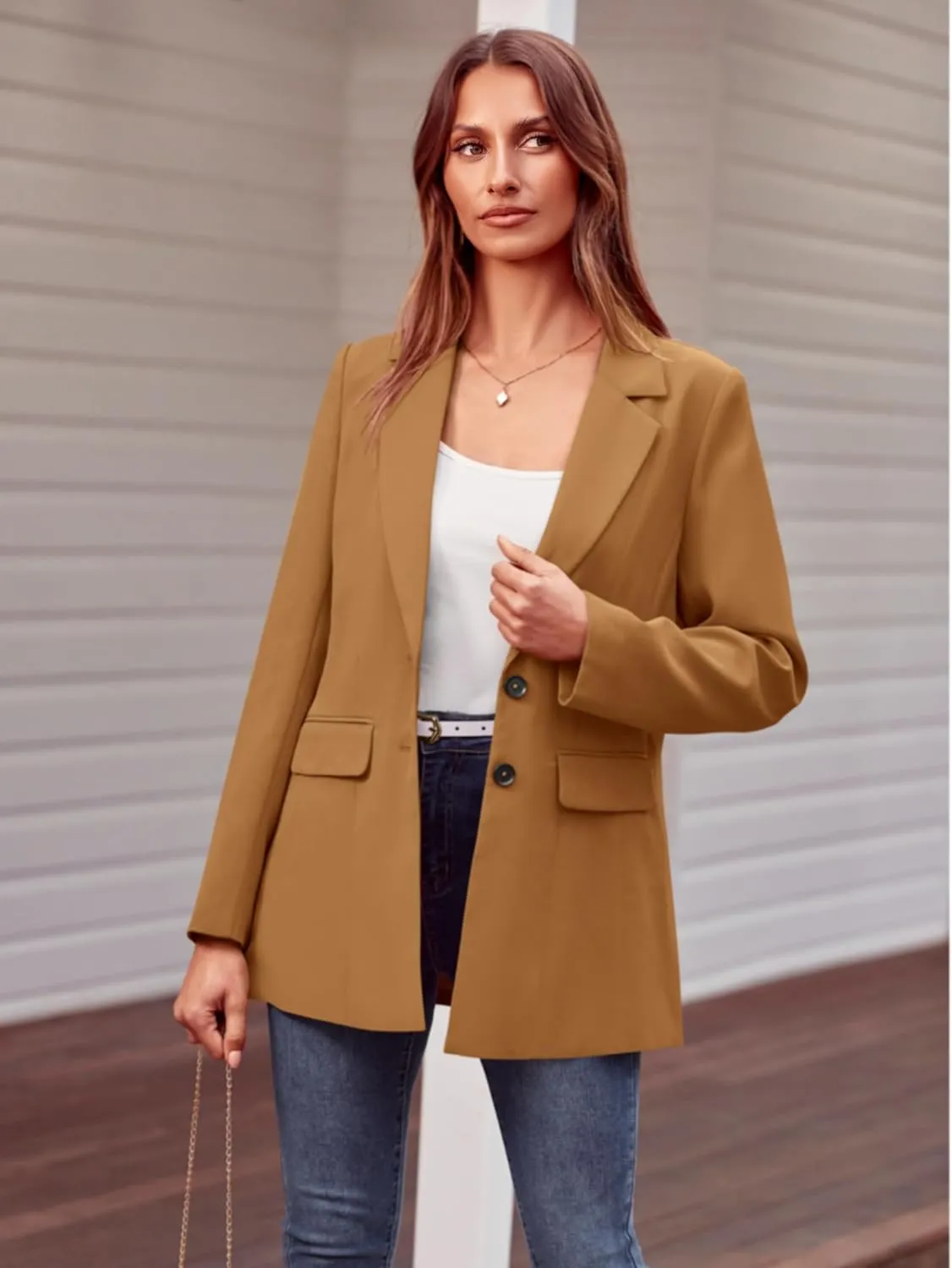MASCOMODA Casual Blazer Jackets for Women 2024 Fall Long Sleeve Open Front Button Work Office Suit Jacket with Pockets