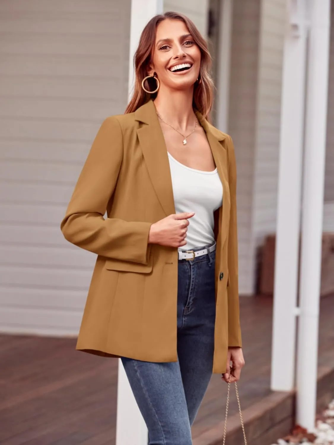 MASCOMODA Casual Blazer Jackets for Women 2024 Fall Long Sleeve Open Front Button Work Office Suit Jacket with Pockets