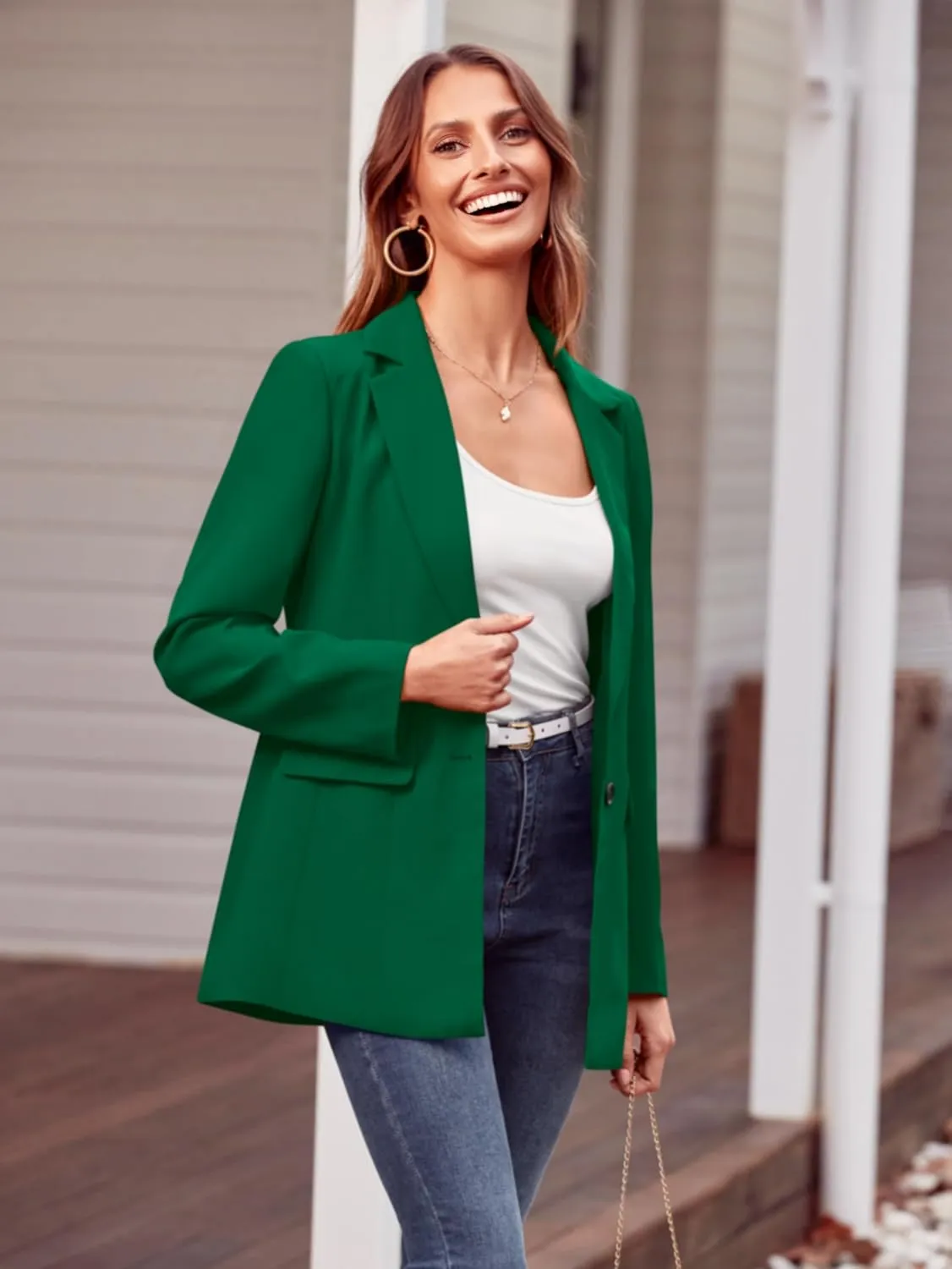 MASCOMODA Casual Blazer Jackets for Women 2024 Fall Long Sleeve Open Front Button Work Office Suit Jacket with Pockets