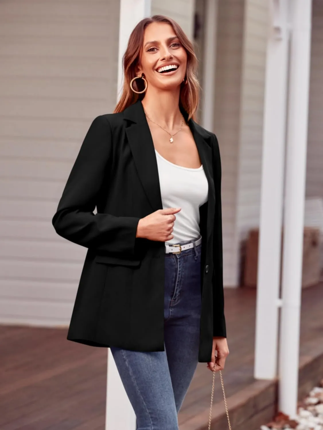MASCOMODA Casual Blazer Jackets for Women 2024 Fall Long Sleeve Open Front Button Work Office Suit Jacket with Pockets