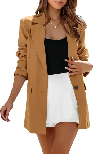 MASCOMODA Casual Blazer Jackets for Women 2024 Fall Long Sleeve Open Front Button Work Office Suit Jacket with Pockets
