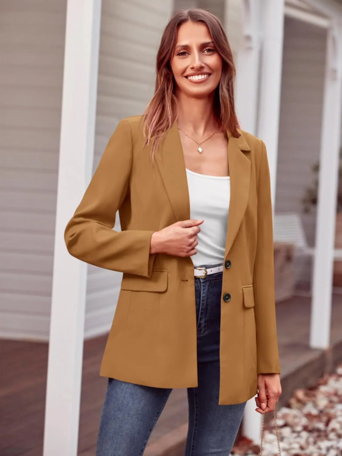 MASCOMODA Casual Blazer Jackets for Women 2024 Fall Long Sleeve Open Front Button Work Office Suit Jacket with Pockets