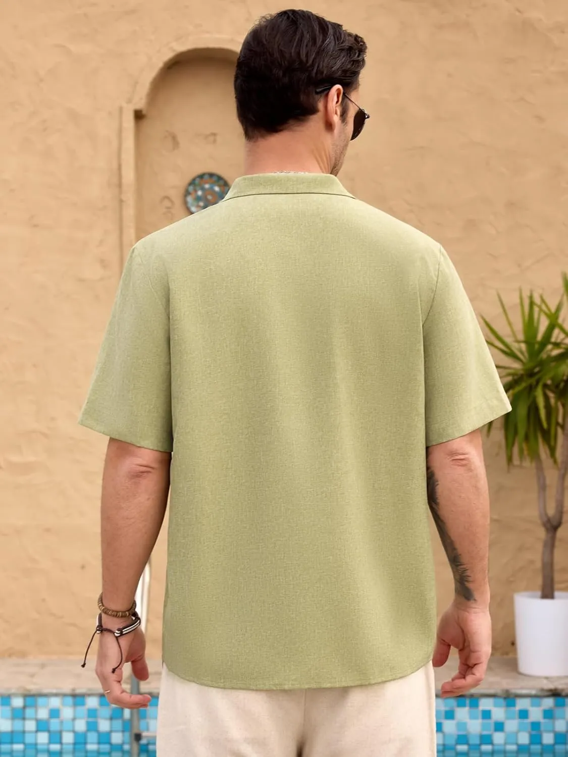 Men Imitation Linen Shirts for Mens Short Button Down Shirt Sleeve Shirt Business Casual with Pocket