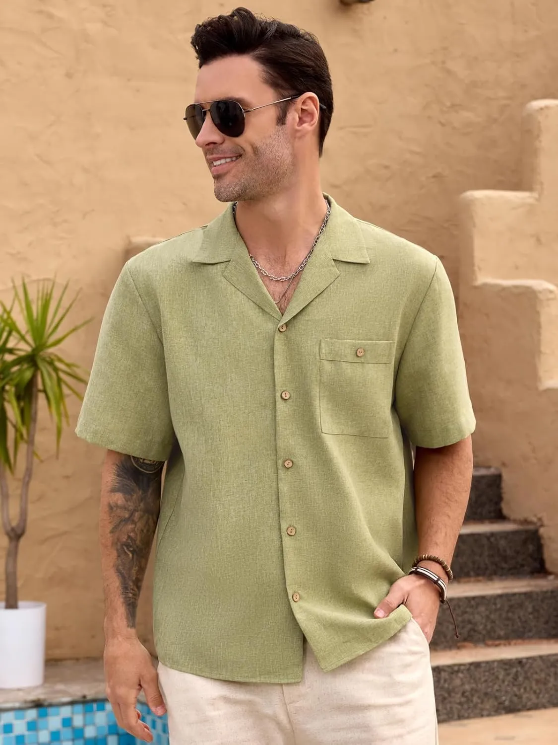 Men Imitation Linen Shirts for Mens Short Button Down Shirt Sleeve Shirt Business Casual with Pocket