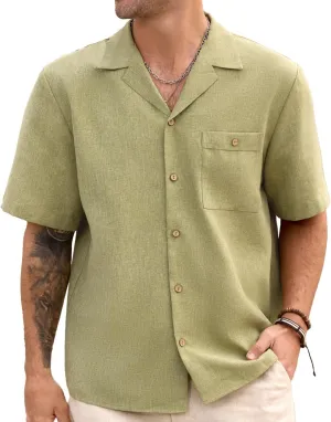 Men Imitation Linen Shirts for Mens Short Button Down Shirt Sleeve Shirt Business Casual with Pocket