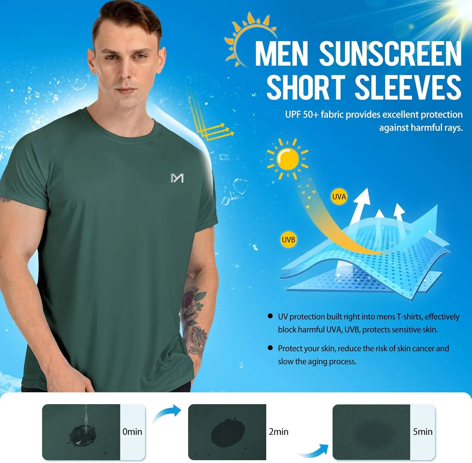 Men Swim Shirts,UPF 50  Sun Protection Shirts for Men Rash Guard Shirt with Workout Athletic Shirt