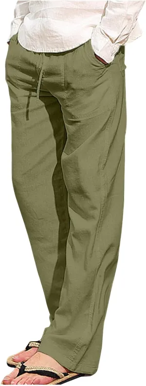 Mens Casual Linen Pants Drawstring Elastic Waist Summer Beach Pants Yoga Workout Trousers with Pockets
