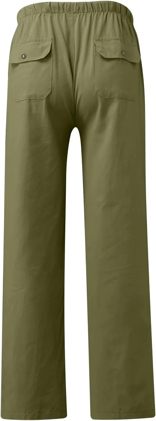 Mens Casual Linen Pants Drawstring Elastic Waist Summer Beach Pants Yoga Workout Trousers with Pockets