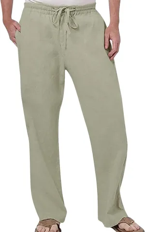 Men's Casual Linen Pants Drawstring Elastic Waist Summer Yoga Beach Pants Lightweight Loose Trousers