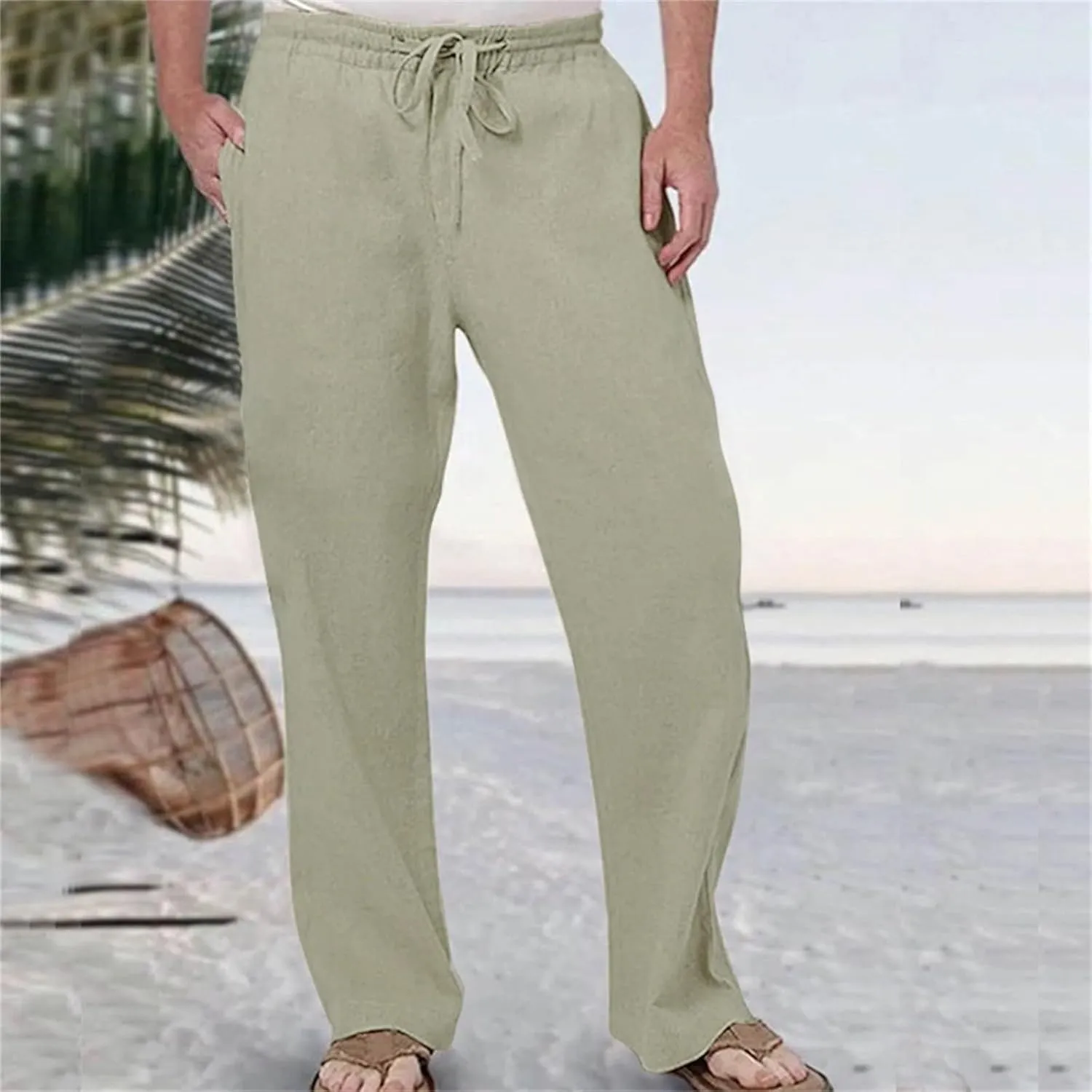 Men's Casual Linen Pants Drawstring Elastic Waist Summer Yoga Beach Pants Lightweight Loose Trousers