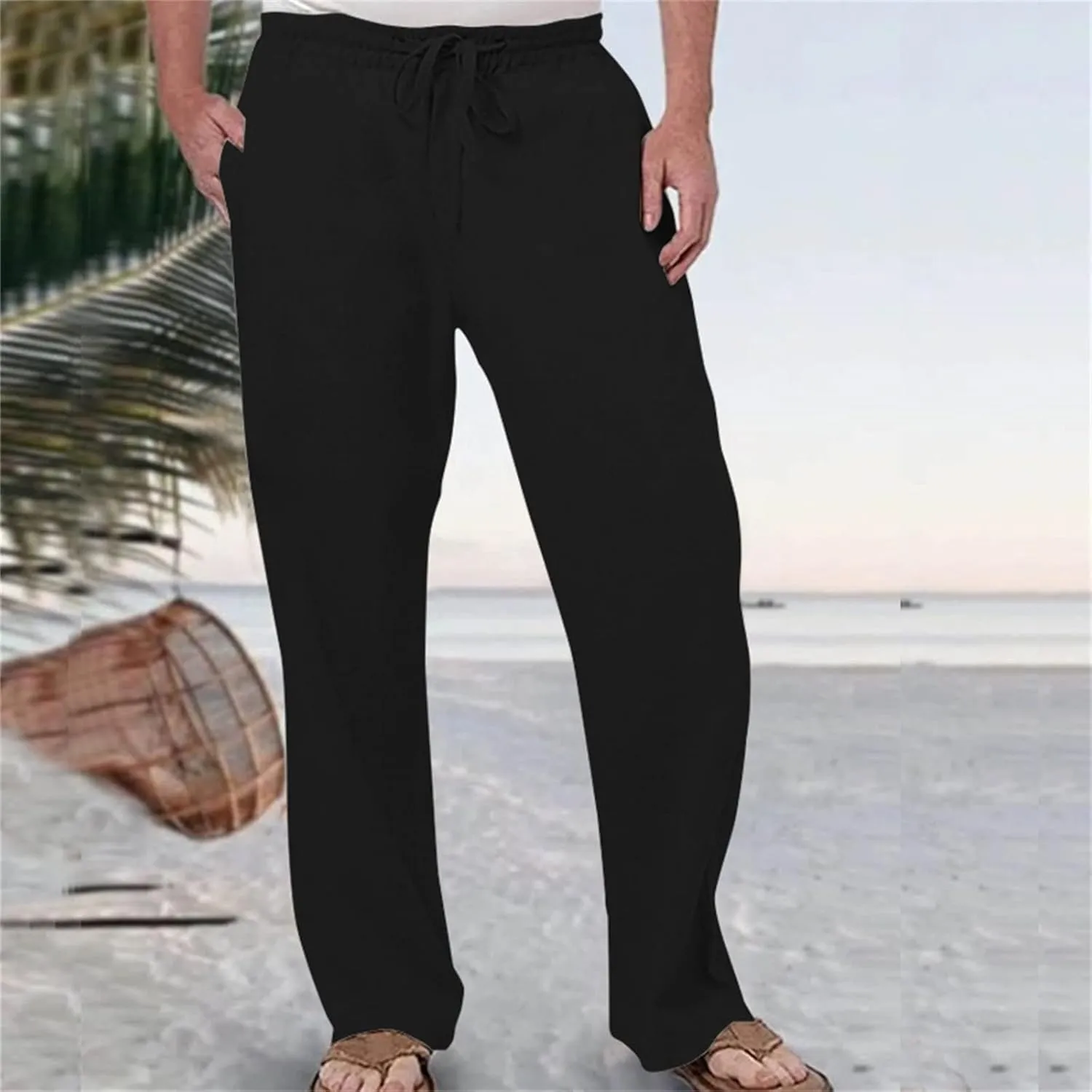 Men's Casual Linen Pants Drawstring Elastic Waist Summer Yoga Beach Pants Lightweight Loose Trousers