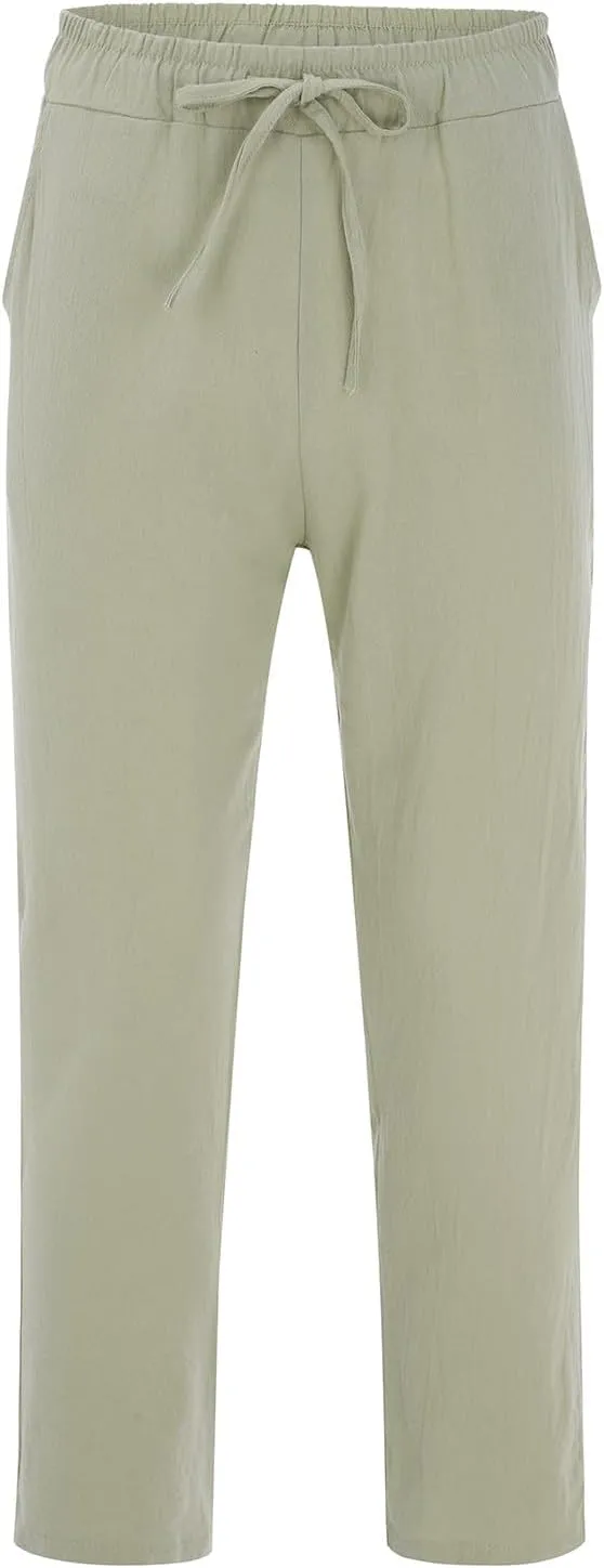 Men's Casual Linen Pants Drawstring Elastic Waist Summer Yoga Beach Pants Lightweight Loose Trousers