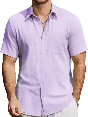 Mens Cotton Linen Shirts Casual Button Down Short Sleeve Shirt Vacation Beach Summer Hawaiian Shirt with Pocket