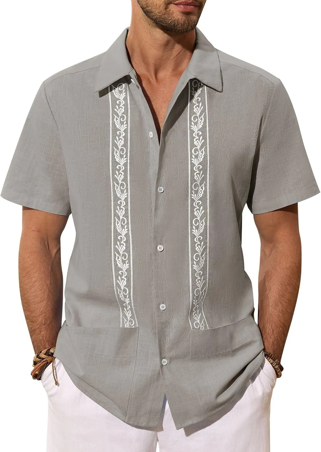 Mens Cuban Guayabera Shirts Cotton Linen Short Sleeve Shirt Casual Hippie Beach Button Down Pocket Shirt