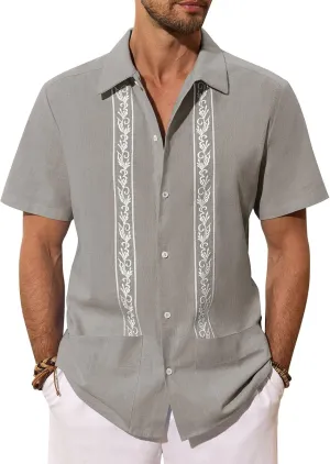 Mens Cuban Guayabera Shirts Cotton Linen Short Sleeve Shirt Casual Hippie Beach Button Down Pocket Shirt