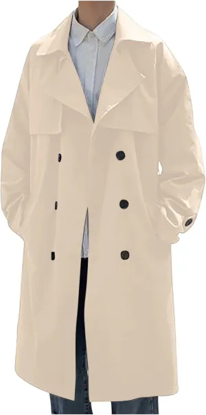 Men's Double Breasted Trench Coat Notch Lapel Oversized Casual Windbreaker Lightweight Long Jacket Overcoat with Pockets