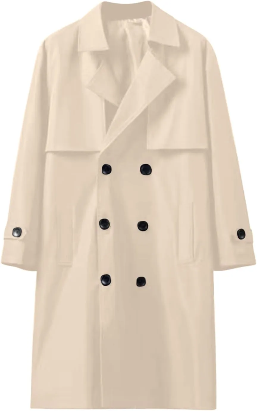 Men's Double Breasted Trench Coat Notch Lapel Oversized Casual Windbreaker Lightweight Long Jacket Overcoat with Pockets
