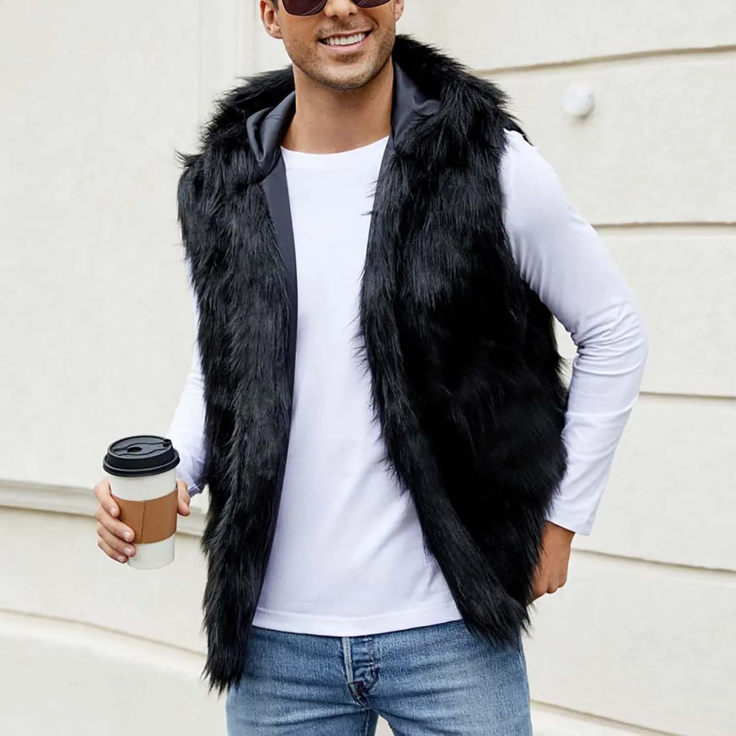 Mens Faux Fur Vest Open Front Sleeveless Hooded Cardigan Fluffy Plush Winter Fashion Faux Fur Hoodie Jackets