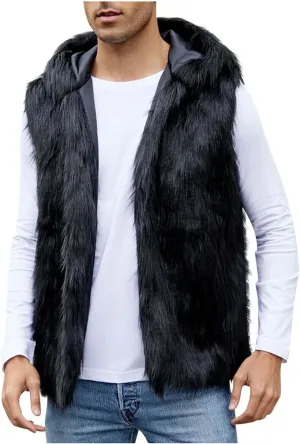 Mens Faux Fur Vest Open Front Sleeveless Hooded Cardigan Fluffy Plush Winter Fashion Faux Fur Hoodie Jackets