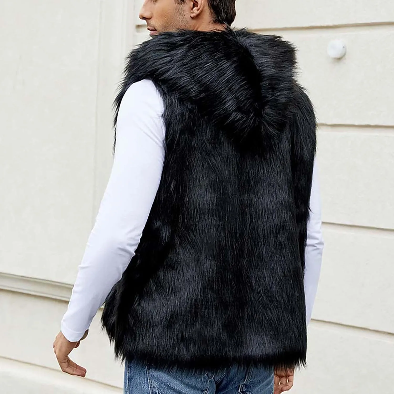 Mens Faux Fur Vest Open Front Sleeveless Hooded Cardigan Fluffy Plush Winter Fashion Faux Fur Hoodie Jackets