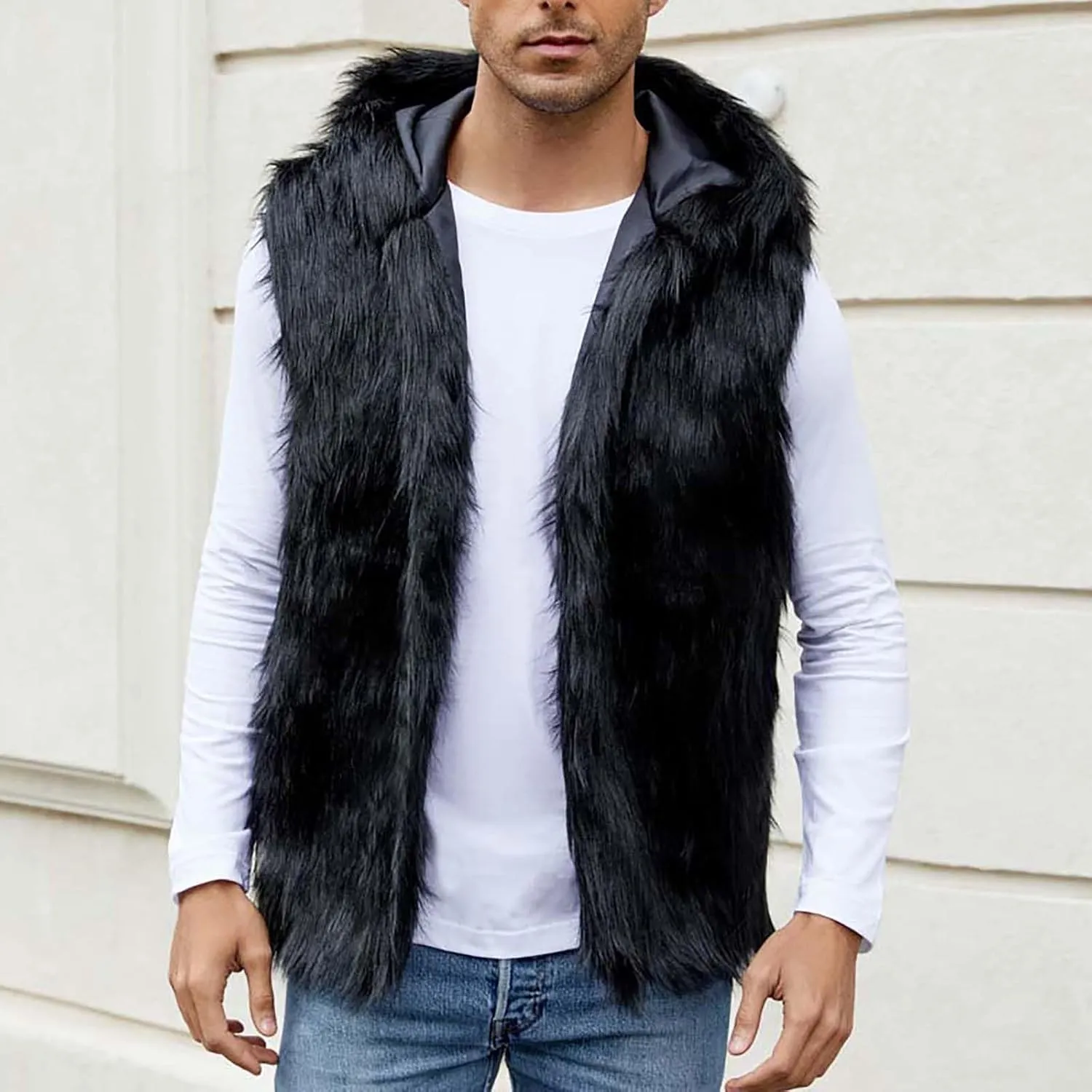 Mens Faux Fur Vest Open Front Sleeveless Hooded Cardigan Fluffy Plush Winter Fashion Faux Fur Hoodie Jackets