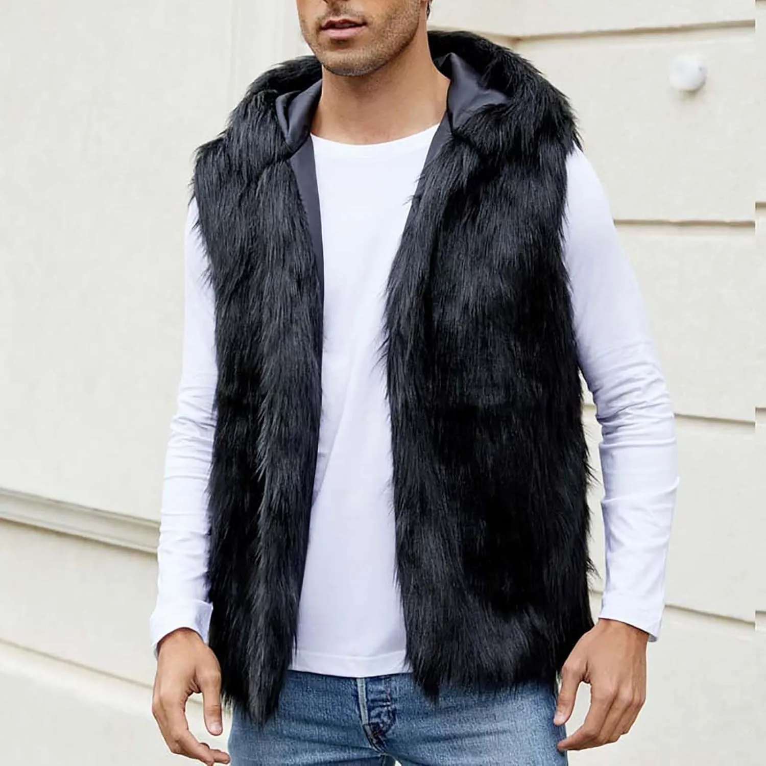 Mens Faux Fur Vest Open Front Sleeveless Hooded Cardigan Fluffy Plush Winter Fashion Faux Fur Hoodie Jackets