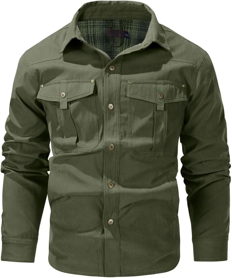 Men's flannel lined shirt jacket Lightweight snap western denim shirt jacket Short coat Vintage snap western jacket