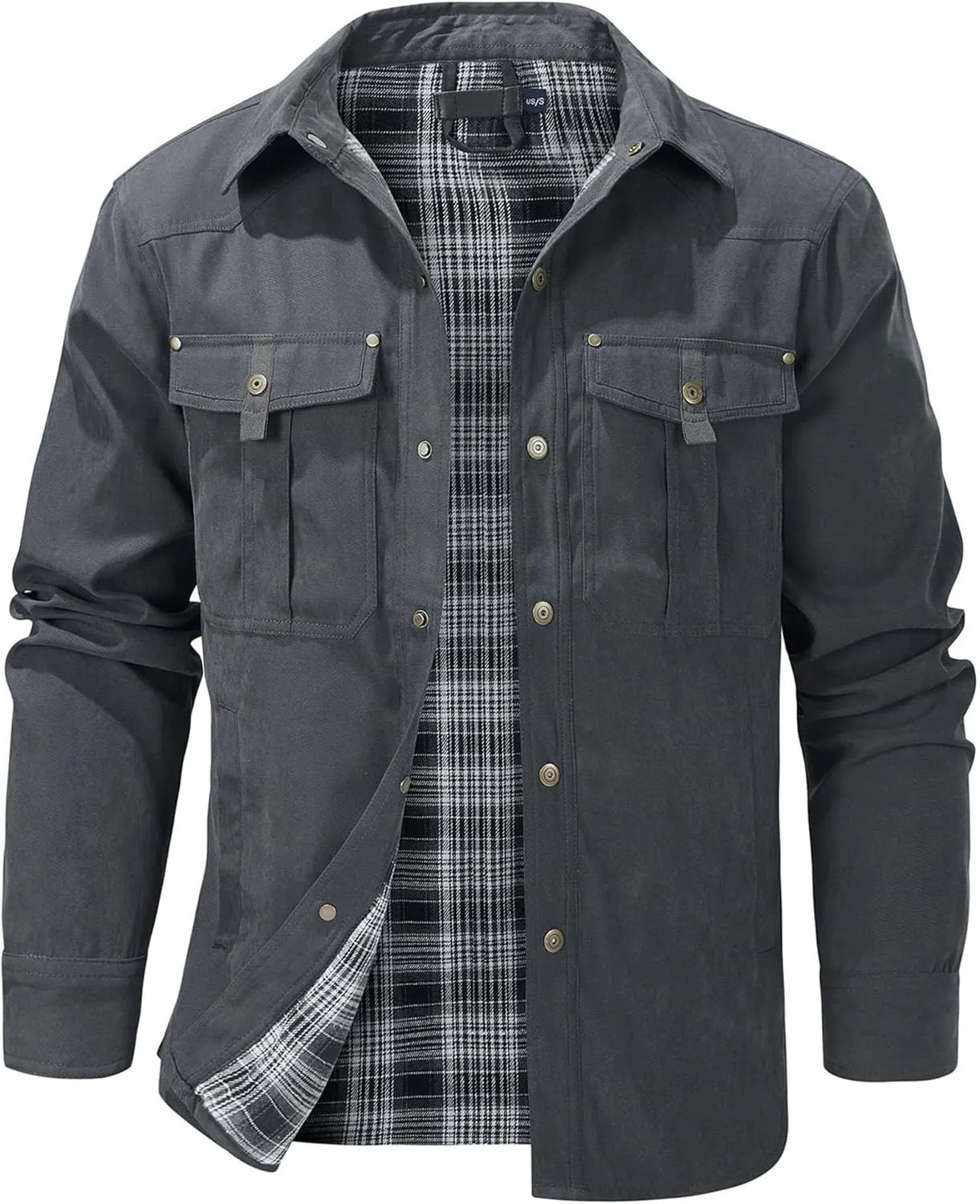 Men's flannel lined shirt jacket Lightweight snap western denim shirt jacket Short coat Vintage snap western jacket