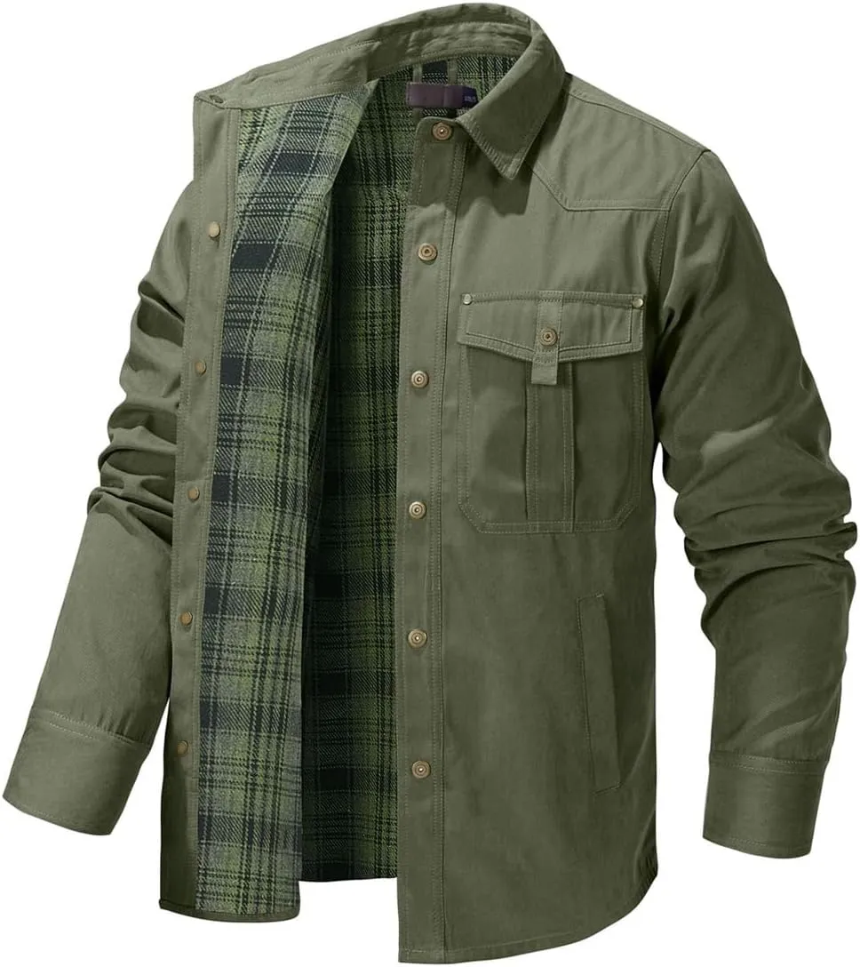 Men's flannel lined shirt jacket Lightweight snap western denim shirt jacket Short coat Vintage snap western jacket