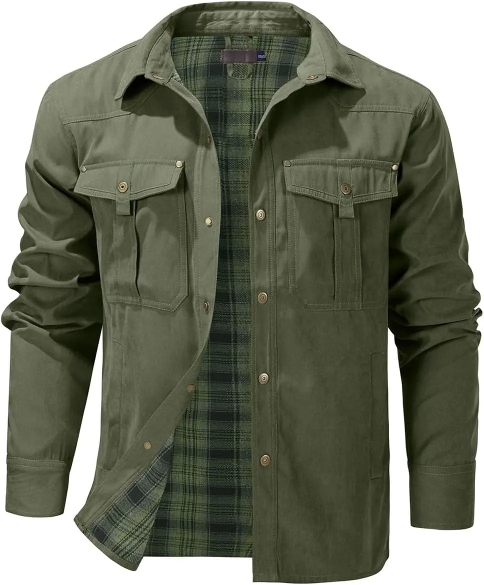 Men's flannel lined shirt jacket Lightweight snap western denim shirt jacket Short coat Vintage snap western jacket